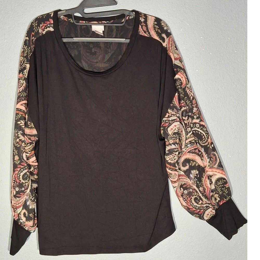 Chicos Womens Size 3 XL Black Paisley Mixed Media Long Sleeve Knit Top Blouse
